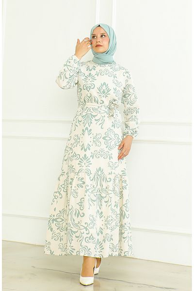 sefamerve Beiges Leinenkleid – mit Muster und Gürtel, Grün 0471B-02