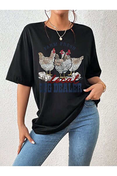 Bengi Clothing Μαύρο μπλουζάκι από οργανικό βαμβάκι Oversize με εμπριμέ κοντό...