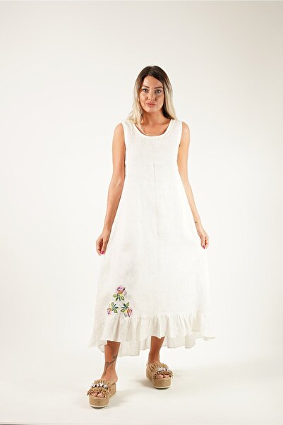 ANTERİ Kanaviçe Ve Oya Detaylı Yüzde 100 Keten Kumaş Eteği Fırfırlı Beyaz Kadın Elbise
