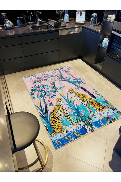 Rugs Modern Halı Paris Koleksiyonu Pembe Doğa Temalı İki Leopar Detaylı Moder...