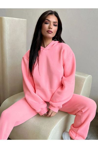 abitso Ροζ γυναικεία φόρμα oversize φλις με κουκούλα - 100% βαμβάκι, 3 κλωστές