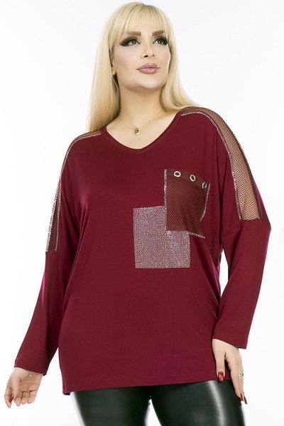 Kheos V-neck Pocket and Sleeves Mesh Detail Stone Embroidered Long Sleeve Comfortable and Flowy Stretchy Blouse