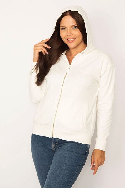 Şans Women's Large Size Bone Front Zipper Hooded Sweatshirt 65n34584