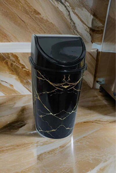 abnturk 24x13 cm Ebatınta 3Lt Klick Kapaklı Siyah Mermer Desenli Lüks Şık Çöp...