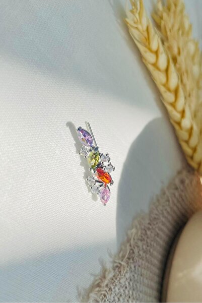 Retrobird Tekli Pirinç ve Zirkon Taşlı Küpe Kadın Gümüş