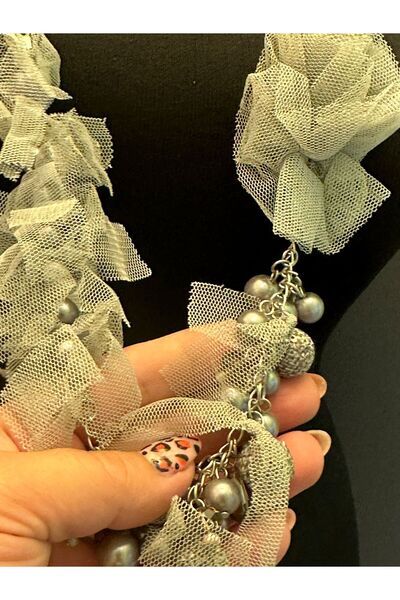 Gönülden Tasarım 44 cm Gray Beaded Tulle Women's Necklace - Design
