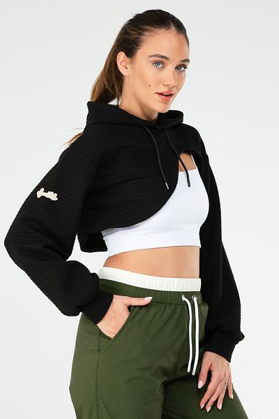 speedlife Black Regular Checked Hooded Crop Women's Sweatshirt Sc1185