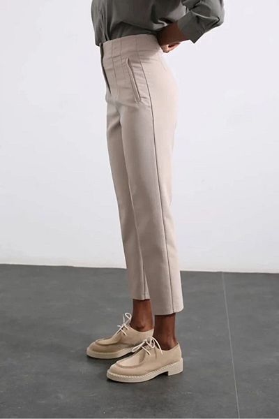 Laluvia Stone Color High Waist Fabric Trousers with Flat Front