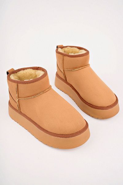 meyra'nın ayakkabıları Tan Suede Mini Ankle Boots - Flat Sole Γυναικείες Μπότες με πούπουλα στο εσωτερικό