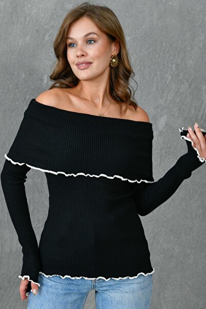 bayansepeti Madonna Collar Black Blouse - Long Sleeve, Sleeve Detail 1028