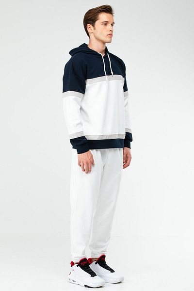 speedlife Ecru Navy Blue Men's Tracksuit Set - Cotton, Hooded, Rubber Legs Xa1731