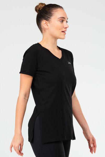 speedlife Tricou negru slim din bumbac cu decolteu în V cu mânecă scurtă pentru femei Sf03901