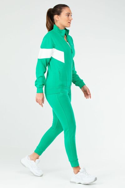 speedlife Set de trening pentru femei, verde, slim fit, din bumbac, cu guler în picioare Sa2621