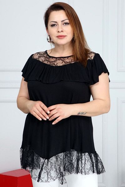 Kheos Stylish Tunic with Frilled Short Sleeves and Lace Detail on the Hem