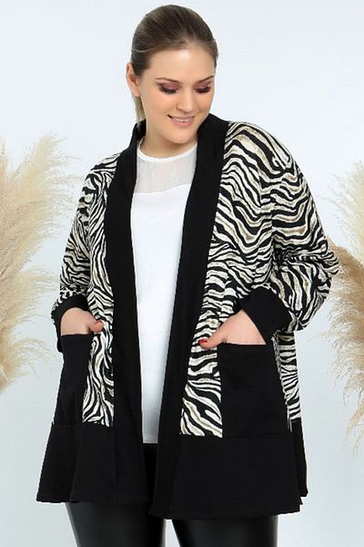 Kheos Special Design Zebra Patterned Stylish and Stylish Short Cardigan with Pockets