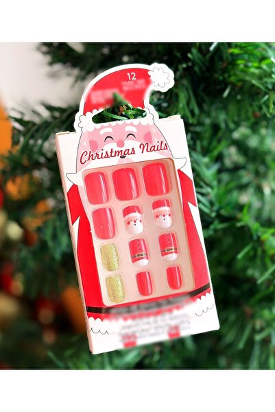 QUEEN AKSESUAR İthal lüks yılbaşı özel Noel baba kostümlü simli desenli süslü yapışkanlı takma tırnak seti