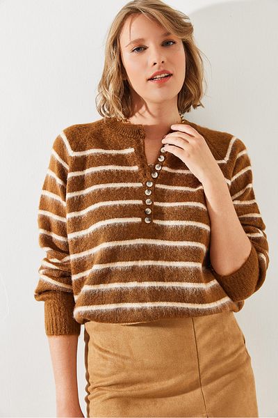 Bianco Lucci Gestreifter Strickpullover für Damen mit 11 Knöpfen