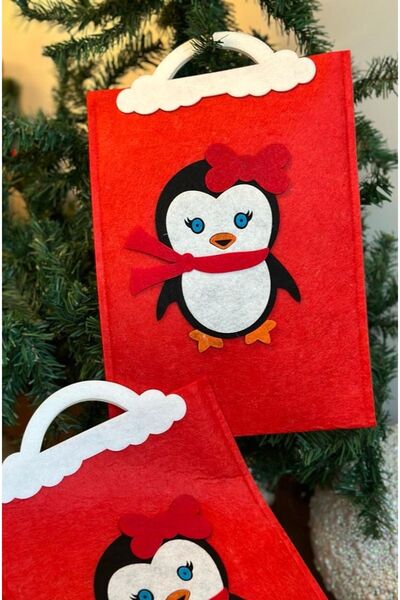 QUEEN AKSESUAR Yılbaşı özel tasarım büyük boy saplı süslü penguen desenli hediye paketi çanta poşet kırmızı keçe