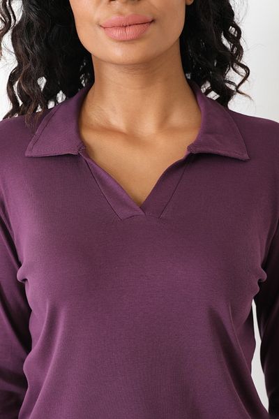 BANEGA Μωβ V-λαιμόκοψη Basic Cotton Lycra Μπλούζα Plus Size - Μακρυμάνικο