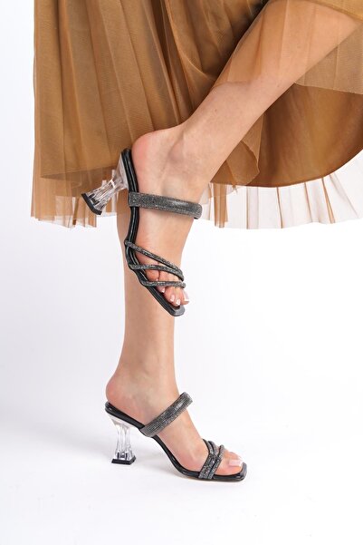 Bak Store Black Stone Detailed 5 cm Transparent Heeled Women's Slippers