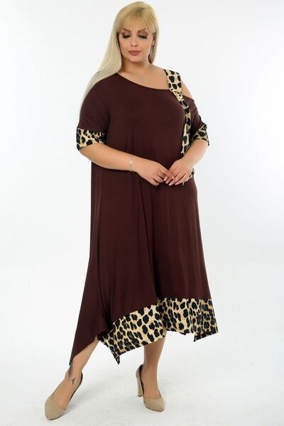 Kheos Shoulder Low-cut Buckle Leopard Pattern Lycra Asymmetrical Stylish Dress