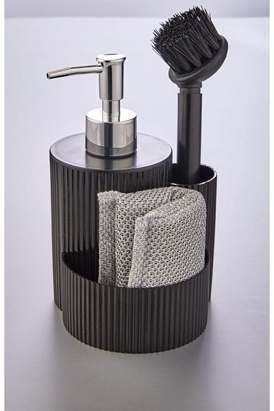 ORSA HOME 095 Liquid Soap Dispenser Set with Black Brush and Dish Sponge