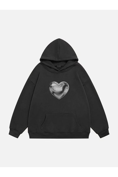 Mad&Calf Φούτερ Unisex Oversize Hooded Fleece - Ασημί χρώμιο με στάμπα καρδιάς