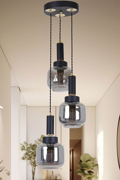 MŞ Aydınlatma Hector Set of 3 Black Gold Smoke - Glass Pendant Lamp Chandelier