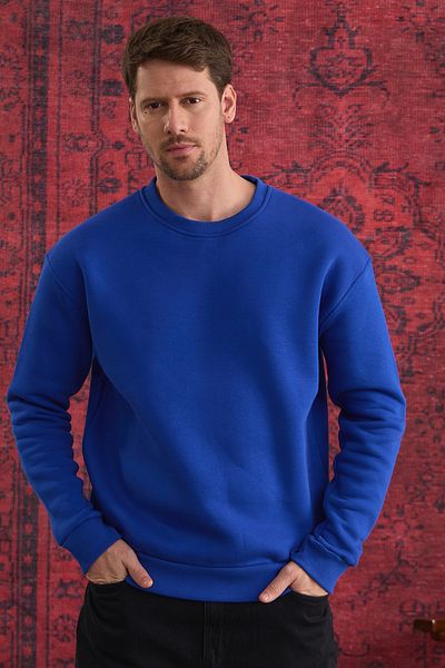 COMBİNE MİCHAİL Hanorac oversize pentru bărbați, 100% bumbac, cu gât crew - ALBASTRU ÎNCHIS
