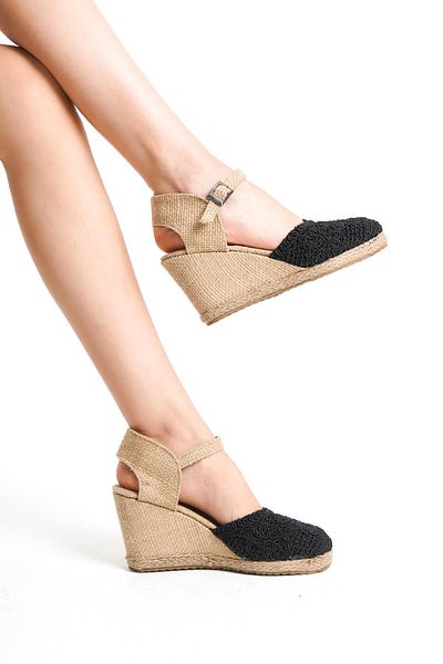 Bak Store Espadrile de damă din paie tricotate negre - Sandale cu toc pană