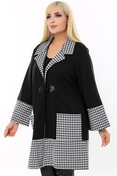 Kheos Goose Feet Patterned Long Cardigan with Pockets and Hooks on the Front.