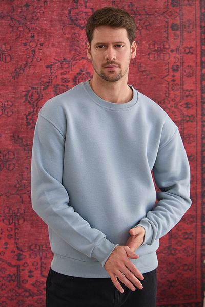 COMBİNE MİCHAİL Hanorac supradimensionat pentru bărbați, 100% bumbac, cu gât crew - Raster, 3 fire ICE BLUE