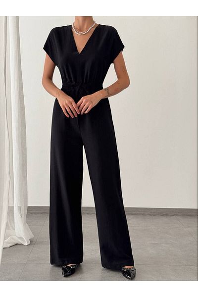 Pienk Linen Women's Jumpsuit - Black, Elastic Waist