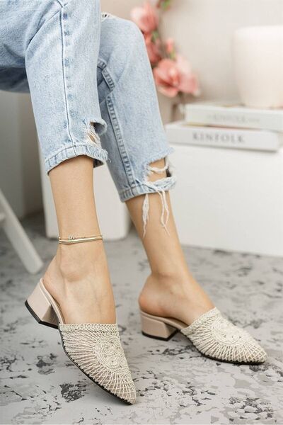 Bak Store Bej Ten Triko Örgülü Kadın Topuklu Terlik