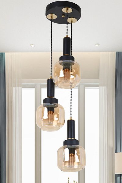 MŞ Aydınlatma Hector Set of 3 Black Gold Honey Glass - Pendant Chandelier