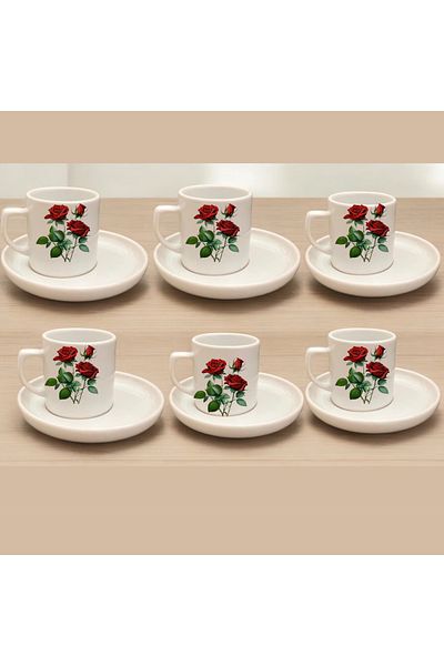 D&Y GAUDERY Red Rose Patterned 6-Piece Turkish Coffee Cup Set - 12 Piece Stylish Dowry Set