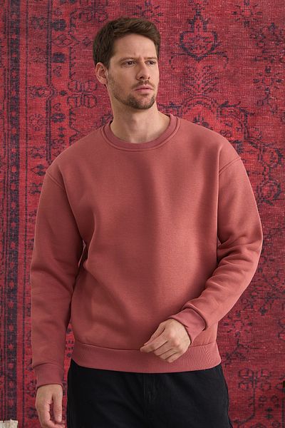 COMBİNE MİCHAİL Hanorac oversize pentru bărbați cu gât crew - 100% bumbac, țesătură cu 3 fire, trandafir uscat