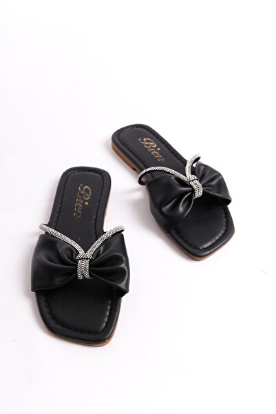 Bak Store Black Choke Bow Detailed Stoned Flat Women's Slippers