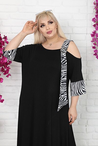 Genel Markalar Asimetrik Kesim Omuz Detaylı Tokalı Zebra Desen Viskon Likralı Elbise