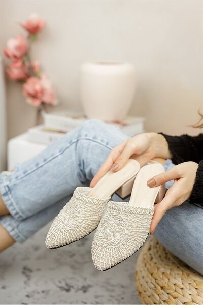 Bak Store Bej Ten Triko Örgülü Kadın Topuklu Terlik