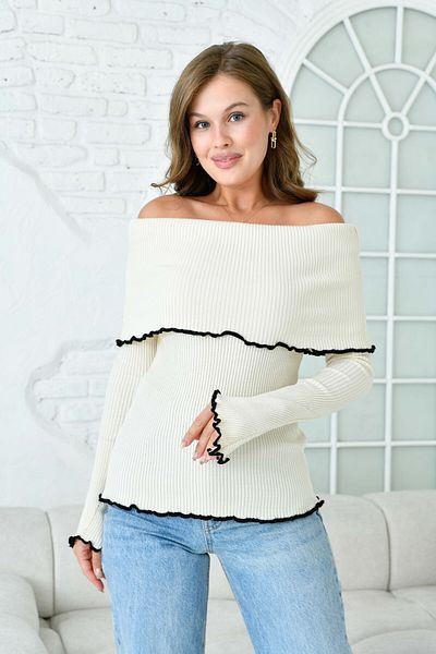 WOMAN VISION Μακρυμάνικη Κρεμ Πλεκτή Μπλούζα - Madonna Collar 1028