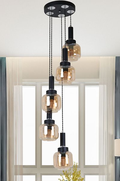 MŞ Aydınlatma Hector 5-Piece Black Chrome Honey Glass Chandelier Pendant Lamp