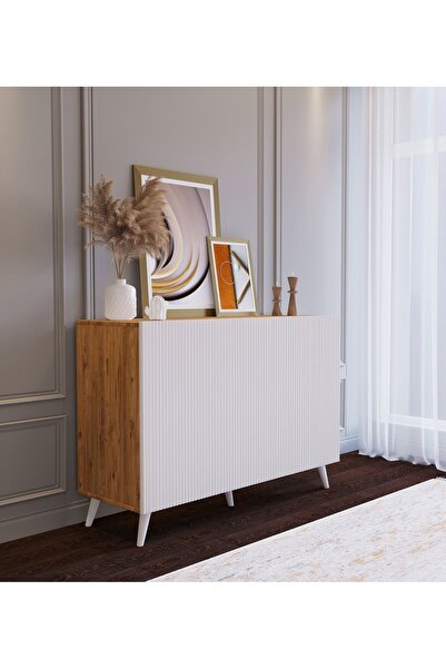 subahome Şık Tasarımlı 120 Cm'lik Ahşap Görünümlü Beyaz 3 Kapaklı Çok Amaçlı Mdf Konsol