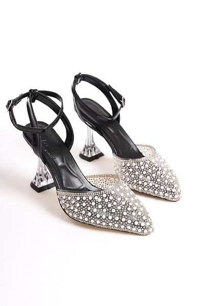 Bak Store 7 cm Thin Heeled Black Pearl Detailed Evening Dress Women's Shoes