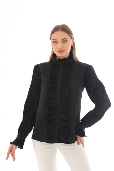 Loom Boutique قميص نسائي من الكريب مزين بطيات وأزرار لؤلؤية بمقاس كبير