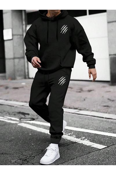 Black Sokak Men's Black Tracksuit Set - Hooded, Kangaroo Pocket and Paw Print
