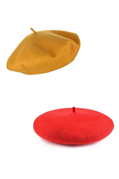 MinaCarin Σετ 2 γαλλικών τσόχα μπερέ - κόκκινη μουστάρδα