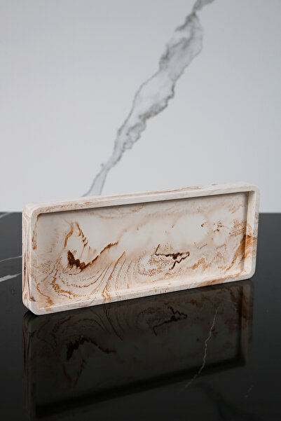 betonmall Mermer Desenli Dekoratif Sunum Tepsisi Tabağı Beton Sunumluk 10x25 Cm Bej Kahverengi