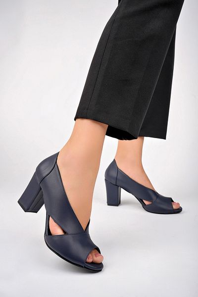 Deripabuc Navy Blue Genuine Leather Women's Heeled Shoes - Shn-0072