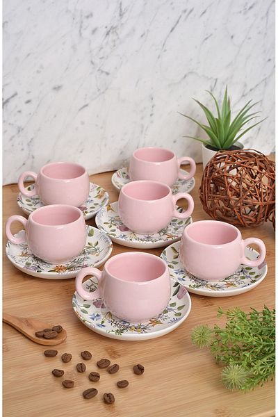 ŞURA MUTFAK 12 Piece Cup Set| Cup Set for 6 People| Flowers Chubby Model